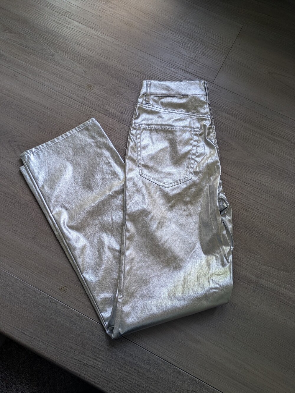 Metallic Silver Straight-Leg Pants High Waist